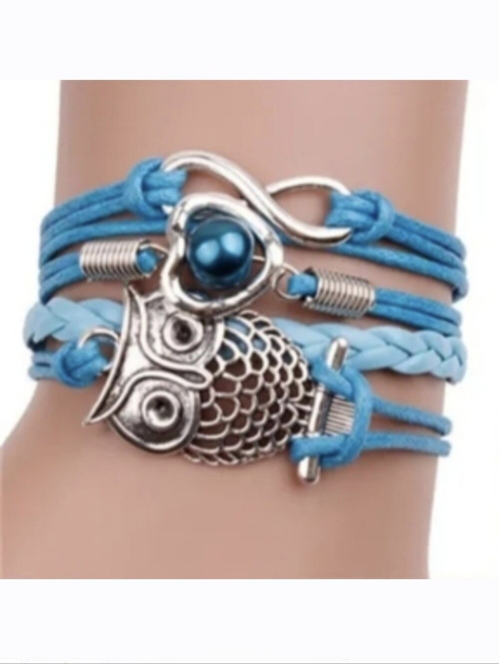 Blue Silver Owl Infinity Heart Pearl Layered Layering Tiered Rope Charm Bracelet